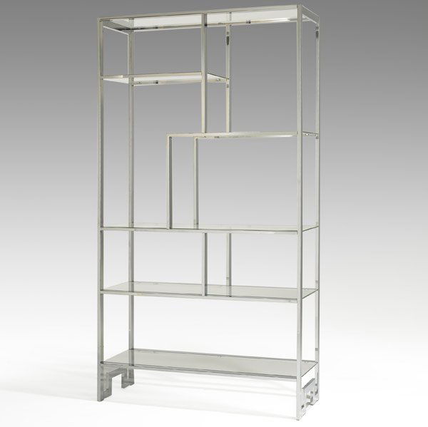 MILO BAUGHMAN / THAYER COGGIN Etagere: MILO BAUGHMAN THAYER COGGIN Chromed steel geometric etagere with six glass shelves Unmarked 79'' x 42'' x 16''