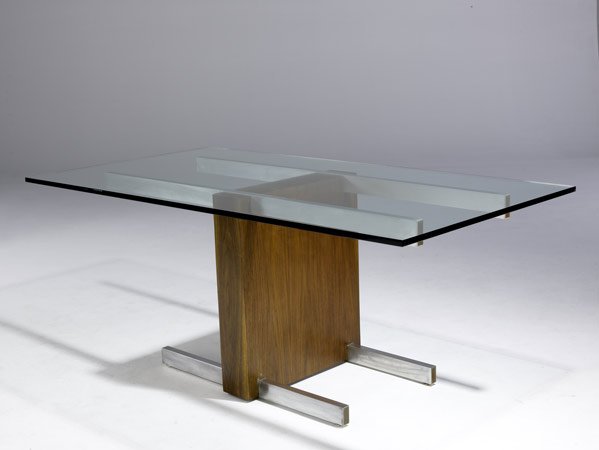 VLADIMIR KAGAN Dining table: VLADIMIR KAGAN Cubist walnut, steel and glass extension dining table 29'' x 72'' x 38''