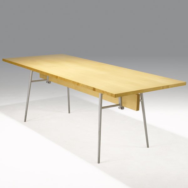 PHILIPPE STARCK / CASSINA Dining table: PHILIPPE STARCK CASSINA Dining table with birch top on aluminum base Cassina label 28 1/2'' x 82 1/2'' x 33 1/4''