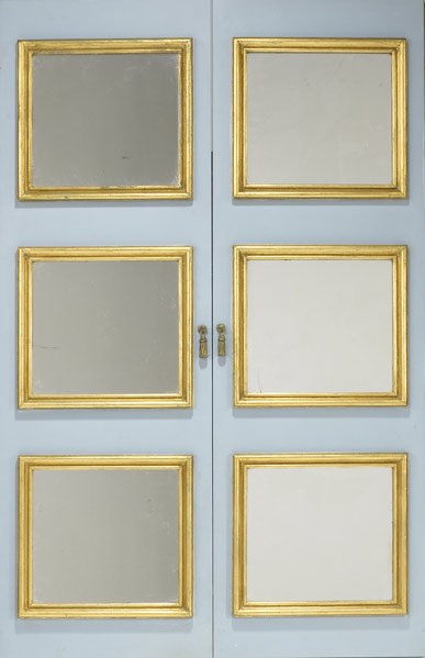 JAMES MONT Four pairs of mirrored shutters: JAMES MONT Four pairs of mirrored shutters in polychrome, gold and silver-leaf finish Unmarked Two pair: 50 3/4'' x 16 1/4'' x 1 1/2'', others: 50'' x 20 1/4'' x 1 1/2''