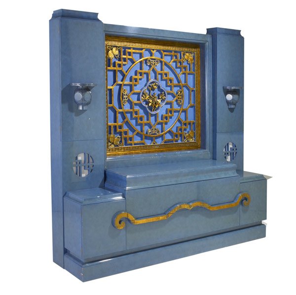 JAMES MONT Rare and large cabinet: JAMES MONT Rare and large cabinet in polychrome and gilt with four doors and two drawers, grill work conceals reverse lighting Branded James Mont Design 78'' x 79 1/2'' x 21''