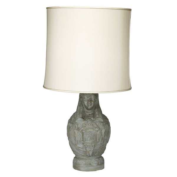 JAMES MONT Table lamp: JAMES MONT Carved wood Egyptian style table lamp with a silk shade Unmarked 33'' x 18 3/4'', base: 20'' x 8''