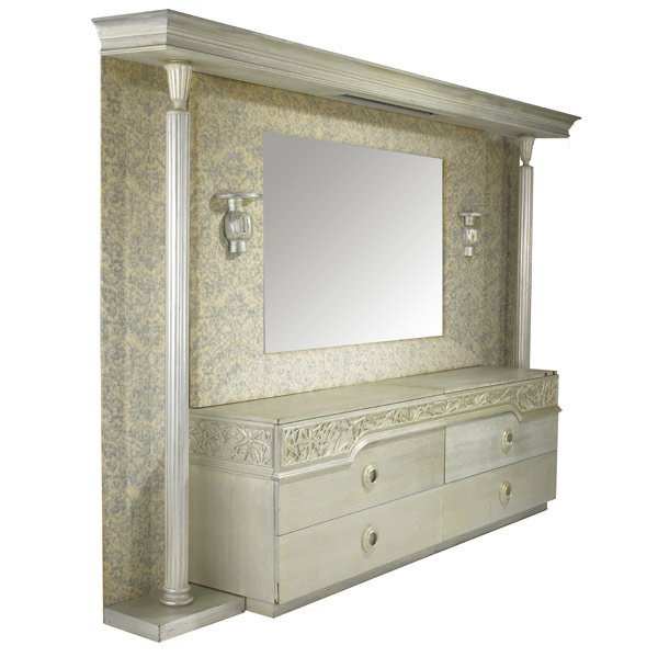 JAMES MONT Large mirrored dresser unit: JAMES MONT Pair of three drawer dressers with mirror and surrounding wall treatment Dressers branded James Mont Design 89'' x 130'' x 22'', dressers: 32'' x 47 1/2'' x 20''