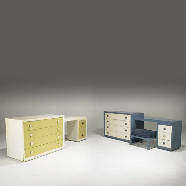 JAMES MONT Two four drawer dressers: JAMES MONT Two four drawer dressers, each with removable three drawer writing surface, one with matching ottoman Each dresser branded James Mont Dresser: 32 1/2'' x 48'' x 21'', desk: 28 1/2'' x 47 3/