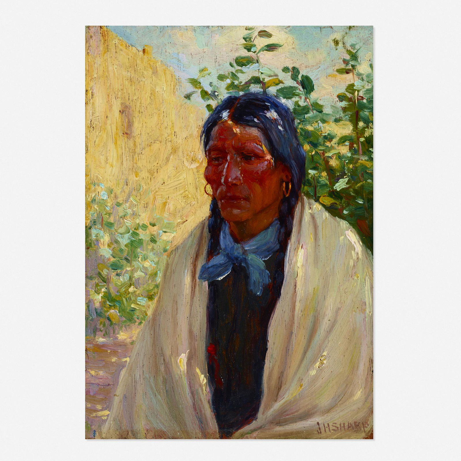 Joseph Henry Sharp, Portrait of an Indian Chief: Joseph Henry Sharp Portrait of an Indian Chief oil on panel8.5 h × 6.25 w in (22 × 16 cm) Signed to lower right 'JH Sharp'. Inscribed to verso 'Francisco Taos (Francisco)'. P