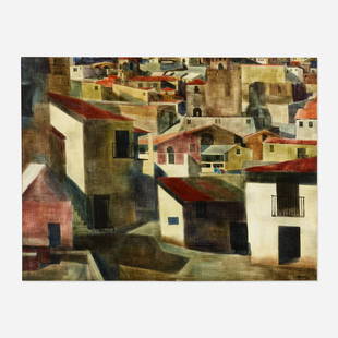 Zoltan Sepeshy, Old Town: Zoltan Sepeshy Old Town tempera on primed Masonite 24 h × 32 w in (61 × 81 cm) Signed to lower right 'Z Sepeshy'. Provenance: Midtown Galleries, New York | Private Collection, Houston