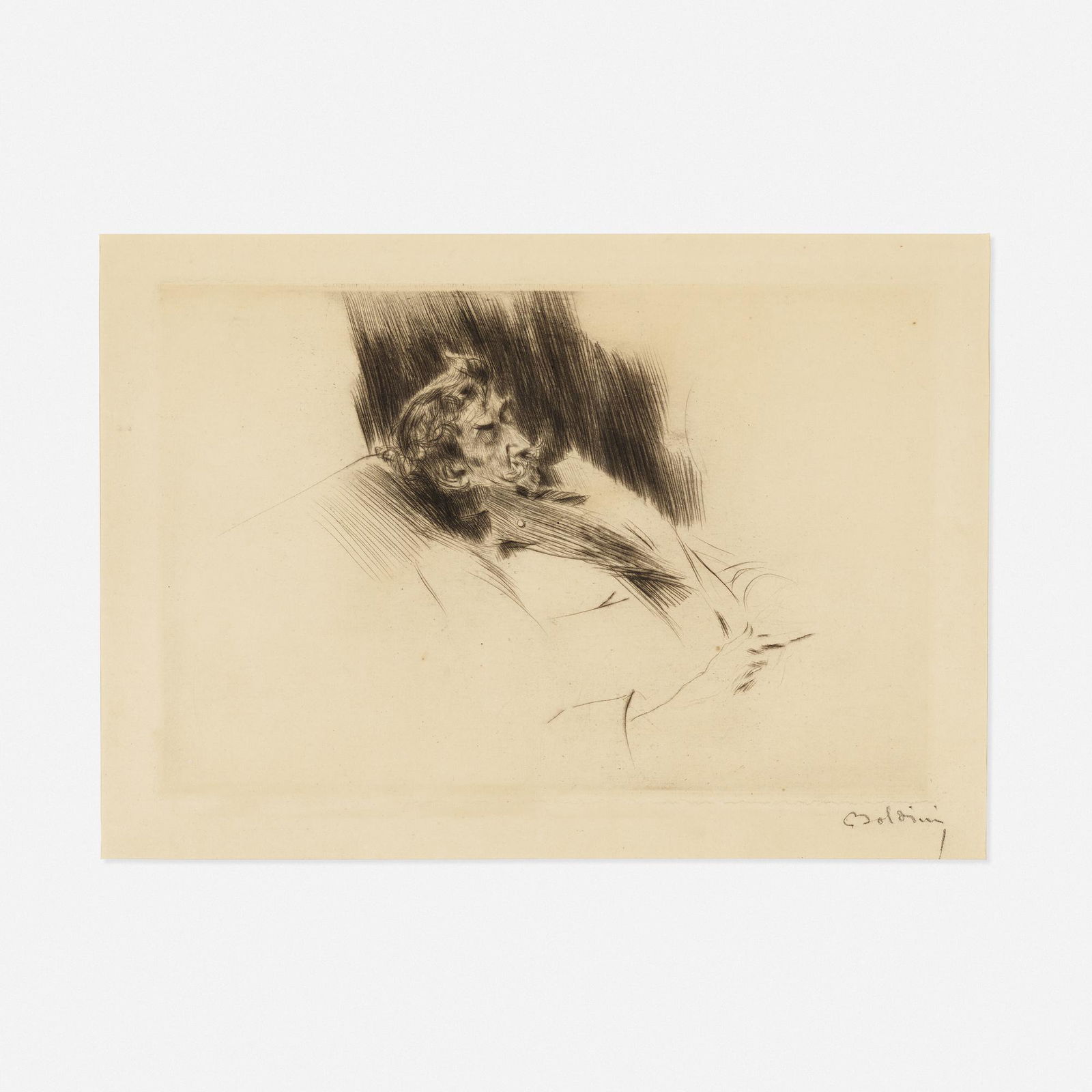 Giovanni Boldini, Whistler Asleep: Giovanni Boldini Whistler Asleep 1897drypoint11.75 h × 17.5 w in (30 × 44 cm) Plate measures: 7.875 h x 11.75 w inches. Signed to lower right 'Boldini'. Literature: