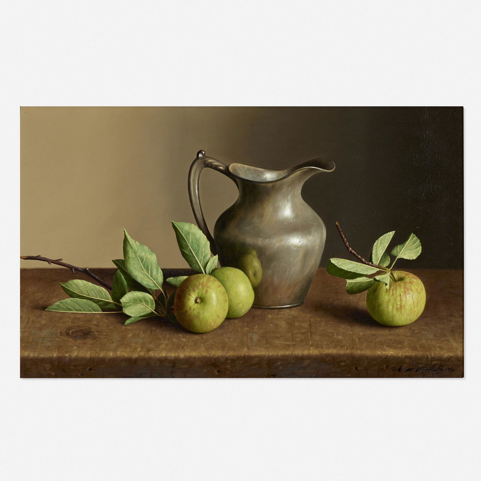 William Acheff, Apples and Pewter: William Acheff Apples and Pewter 1993oil on linen over board10.375 h × 16.125 w in (26 × 41 cm) Signed and dated to lower right '© William Acheff 1993'. Signed, titled, dated and insc
