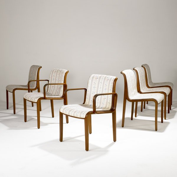 BILL STEPHENS / KNOLL SET OF SIX DINING CHAIRS: BILL STEPHENS / KNOLL Set of six dining chairs in laminated walnut and upholstered in floral fabric, four side- and two arm-. Side: 31 1/2'' x 19 1/2'' x 20 1/2''; arm: 31 1/2'' x 23'' x 20 1/2''