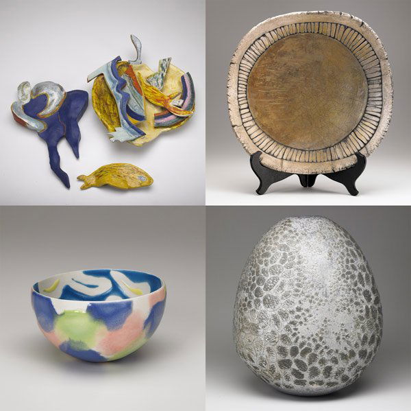 C. MAGIL, B. SEGAL, PHILLIP MABERRY, MICHAEL MICK: C. MAGIL, B. SEGAL, PHILLIP MABERRY, MICHAEL MICK Three-piece wall-hanging sculpture, 1984; Ceramic charger with impressed pattern, covered in gray and luster glazes, 1976; Porcelain bowl, the interio