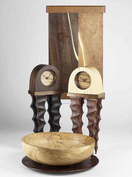 CONTEMPORARY CRAFT: CONTEMPORARY CRAFT John Sage turned wood bowl, John Sage charger in as-found condition, pair of Stedman Fine Woodworking table clocks and a decorative wood tray. Most marked. Bowl: 4 1/4'' x 14'' dia.