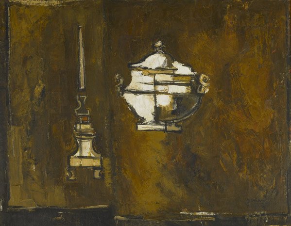 GIUSEPPE GAMBINO (Italian, 1928-1997): GIUSEPPE GAMBINO (Italian, 1928-1997) Natura Mort Su Fondo Ochra, 1959 ; Oil on canvas (framed); Signed, titled and dated; 26'' x 52''. Exhibition: Crane-Kurchin Gallery, Merion, PA. Accompanied by li