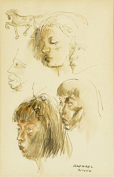 RAPHAEL SOYER (American, 1899-1987): RAPHAEL SOYER (American, 1899-1987) Untitled, watercolor and ink on paper (framed). (Provenance: Private Collection, North Carolina.) Signed, 8 1/8'' x 5 1/8'' (sight)