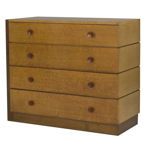 GILBERT ROHDE FOR HERMAN MILLER 4 DRAWER DRESSER: GILBERT ROHDE FOR HERMAN MILLER Four drawer dresser in quilted maple and walnut. Unmarked. 36'' x 43'' x 18''