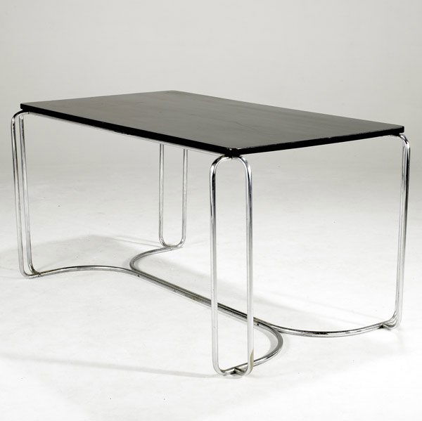 GILBERT ROHDE (Attr.) DINING TABLE: GILBERT ROHDE (Attr.) Dining table and tubular chromed steel and enamel wood top. Howell decal. 28 1/2'' x 34'' x 57''