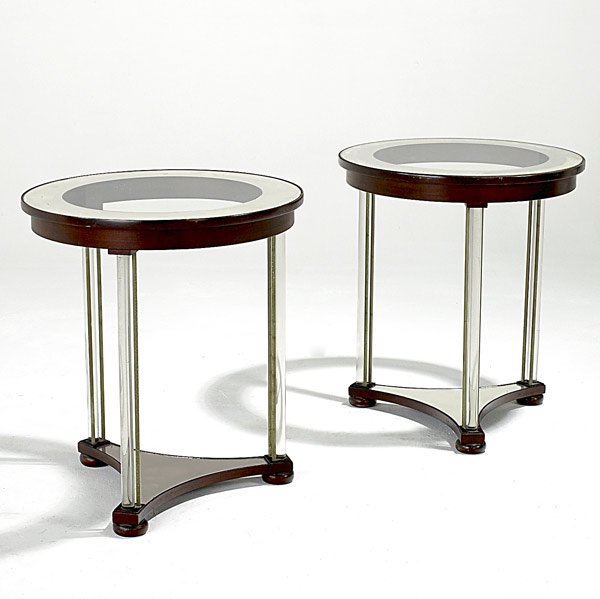 SLIGH FURNITURE PAIR OF DECO STYLE TABLES: SLIGH FURNITURE Pair of Deco style occasional tables with lucite columns and mirrored tops. 25'' 22'' dia.