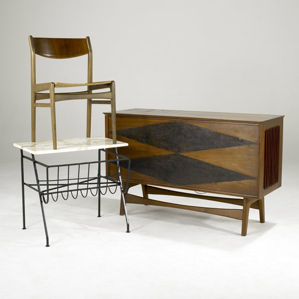 STEREO CABINET: STEREO CABINET Walnut and rosewood cabinet consists of turntable, amplifier and reel-to-reel components. Together with modern wrought iron table with marble top and Danish modern side chair. Cabinet: 
