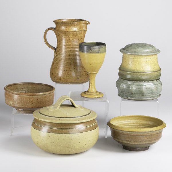 VAL CUSHING STONEWARE: VAL CUSHING Five stoneware pieces: pitcher, covered jar, two bowls and a goblet. Together with a covered bowl by Robert Crystal. Each signed. Pitcher: 9" x 7" x 5"