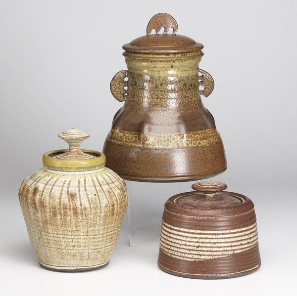 VAL CUSHING STONEWARE: VAL CUSHING Three stoneware covered jars. One dated 1984. Each signed. Largest: 10'' x 7'' x 7''