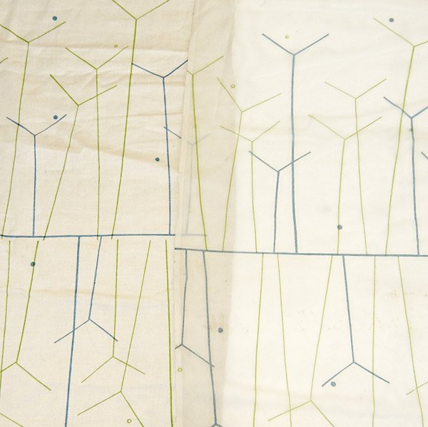 ANGELO TESTA FABRIC: ANGELO TESTA Two 'Narcissus' panels with lime and light blue on a sheer ground, and on linen. Together with partial bolt of 'The Dance' on vinyl. Each signed Angelo Testa. Narcissus: 49'' x 109'' and