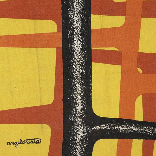 ANGELO TESTA FABRIC: ANGELO TESTA Fabric hanging with repeated fiber pattern in black, white and red with brown freeforms on a white ground on heavy canvas fabric together with fabric hanging with repeated fiber pattern i