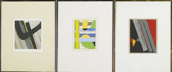 PETER CHINNI (American, b. 1928): PETER CHINNI (American, b. 1928) Three works of art: En Ete, Hurry The Black, Lean on Gray, paper collages (framed separately), 1981. (Provenance: The Katonah Gallery, New York (label on verso), Priva