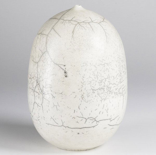 STUDIO POTTERY: STUDIO POTTERY Ovoid moonpot in crackled ivory glaze with rattle. Signed Carl A. P? 1962. 13'' x 8 3/4''