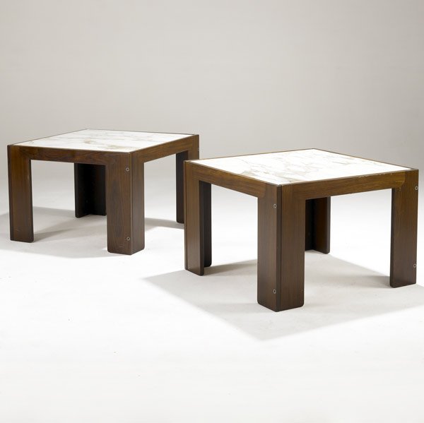 TOBIA SCARPA / CASSINA PAIR OF SIDE TABLES: TOBIA SCARPA / CASSINA Pair of rosewood side tables with finely grained inset marble tops. Cassina label. 20 1/2'' x 29 1/2'' sq.
