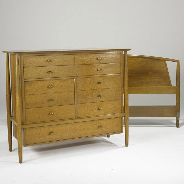 STYLE OF FINN JUHL TALL DRESSER: STYLE OF FINN JUHL Tall dresser and king size headboard in walnut and brass. Dresser: 43'' x 51'' x 20''