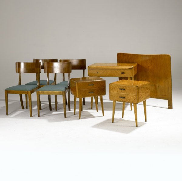 BODAFORS SMF FURNITURE: BODAFORS SMF (Sweden) Eight furniture pieces: pair of nightstands in quilted maple with brass-plated hardware; single-drawer writing desk; four side chairs with fabric-upholstered seat pads; and twin-