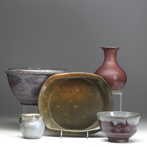 JUGTOWN: JUGTOWN Five items, most from 1990, three by Vernon Owens: two bowls in Chinese glaze; vase in oxblood; small pitcher in blue glaze (Attr. to Vernon Owens); together with earlier stoneware plate in gr