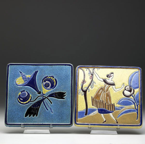 LONGWY: LONGWY Two Primavera trivets, one with a lady, the other with calla lily. Both marked. 8'' sq.