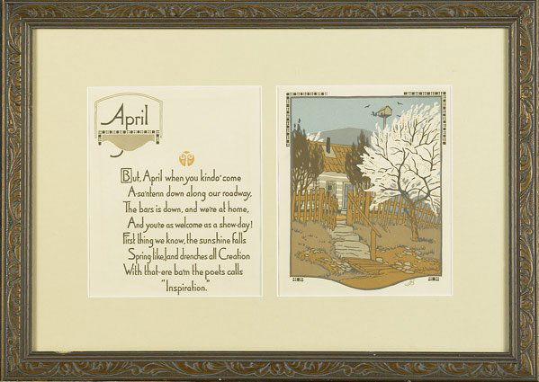 GUSTAVE BAUMANN: GUSTAVE BAUMANN Woodblock print, ''April,'' with poem from ''All the Year Round,'' by James Whitcomb Riley. Matted and framed. Site: 8'' x 6 1/2''