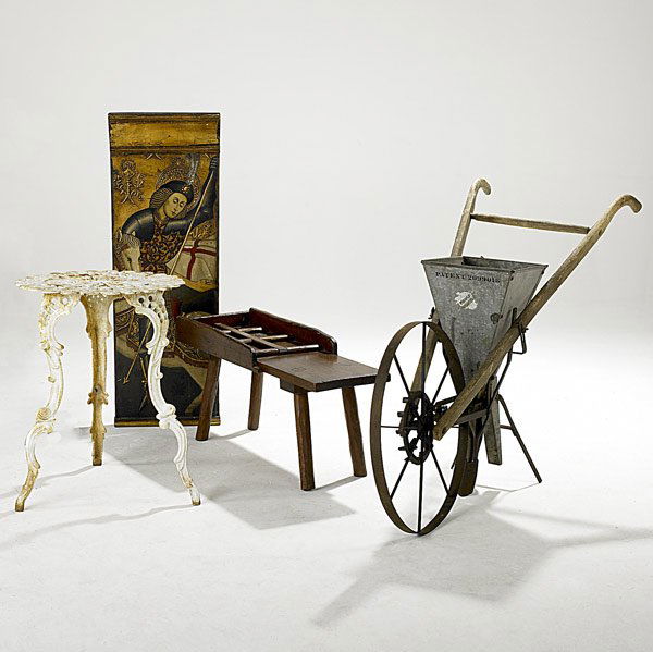 DECORATIVE GROUPING: DECORATIVE GROUPING Includes wrought iron garden table, Byzantine style wooden panel, pine cobbler's bench and farm seeder. Panel: 44" x 15 1/2"