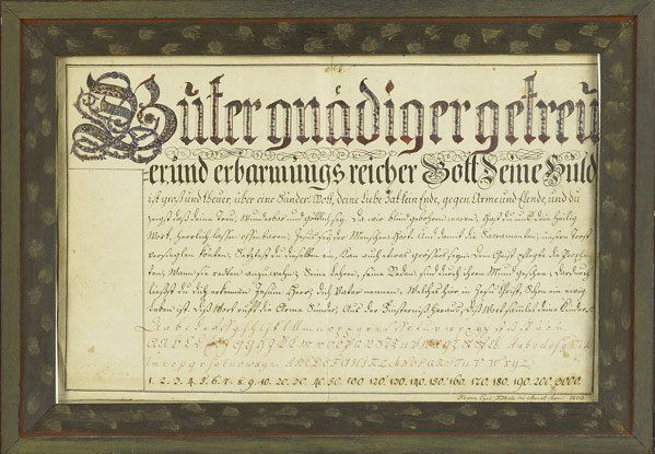 PENMANSHIP FRAKTUR: PENMANSHIP FRAKTUR By Franz Carl, dated April 1806. In museum mounted and decorated frame. 8'' x 12 1/2''