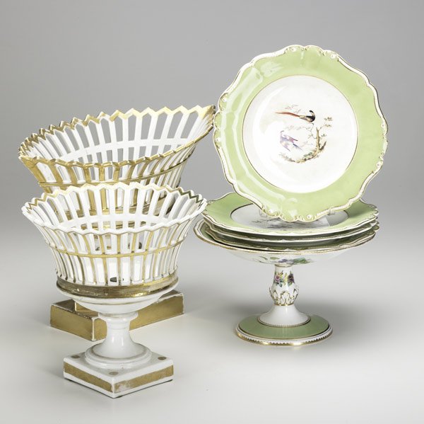 CONTINENTAL PORCELAIN: CONTINENTAL PORCELAIN Seven pieces include hand-painted cake stand with four plates and two basket weave compotes. Largest: 10 1/2'' x 7 1/4''