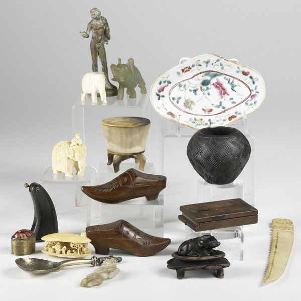 DECORATIVE BOXES: DECORATIVE GROUPING Seventeen pieces include early compass, hard stone and ivory items, horn boxes, export dish, apostle spoon, wooden shoes and more. Tallest: 5''
