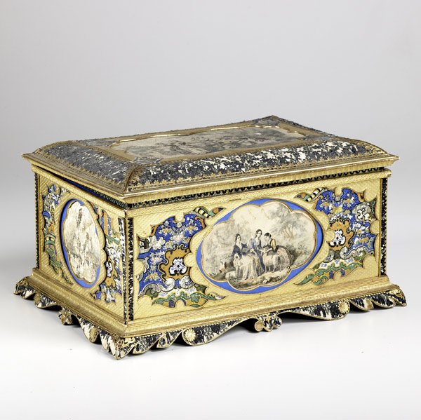 JEWELRY BOX: JEWELRY BOX With gilded decoration and decoupage interior, 19th C. Significant losses. 14'' x 9 1/2'' x 8''