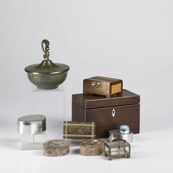DECORATIVE BOXES: DECORATIVE BOXES Eleven pieces include tea caddy, silver and enamel pill box, snuff box, oval pewter boxes, two oval marble boxes and others. Largest: 7 1/4'' x 3 3/4'' x 5''