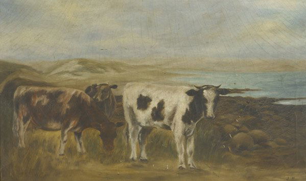 HENRY VARNUM POOR (American, 1887-1970): HENRY VARNUM POOR (American, 1887-1970) Untitled, oil on canvas (framed), c. 1919, 16" x 20". Together with a second oil on canvas of cows signed JP, Poor's mother (Provenance: Charles and Ruth Stone