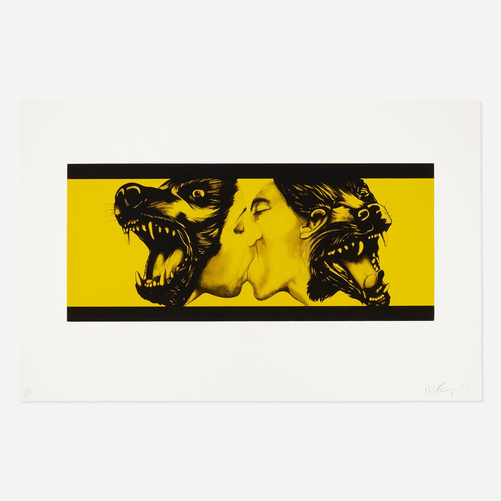Robert Longo, Strong in Love (Yellow): Robert Longo Strong in Love (Yellow) 1989-91black and white photo etching with aquatint and yellow roll28¾ h × 34? w in (73 × 89 cm) Signed, dated and numbered to lower edge '14/15 Ro