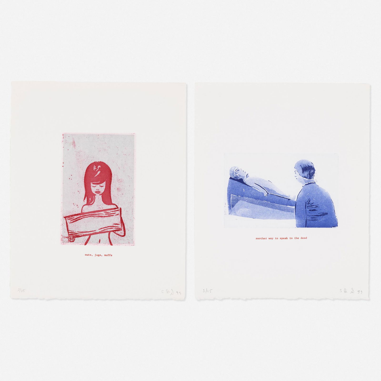 Amy Sillman and Jef Scharf, Two works: Amy Sillman and Jef Scharf nuts, juggs, muffs; another way to speak to the dead (two works from Funny-Guy, Junior) 1999etching, aquatint and screenprint in colors11 h × 8? w in (28 × 23 cm