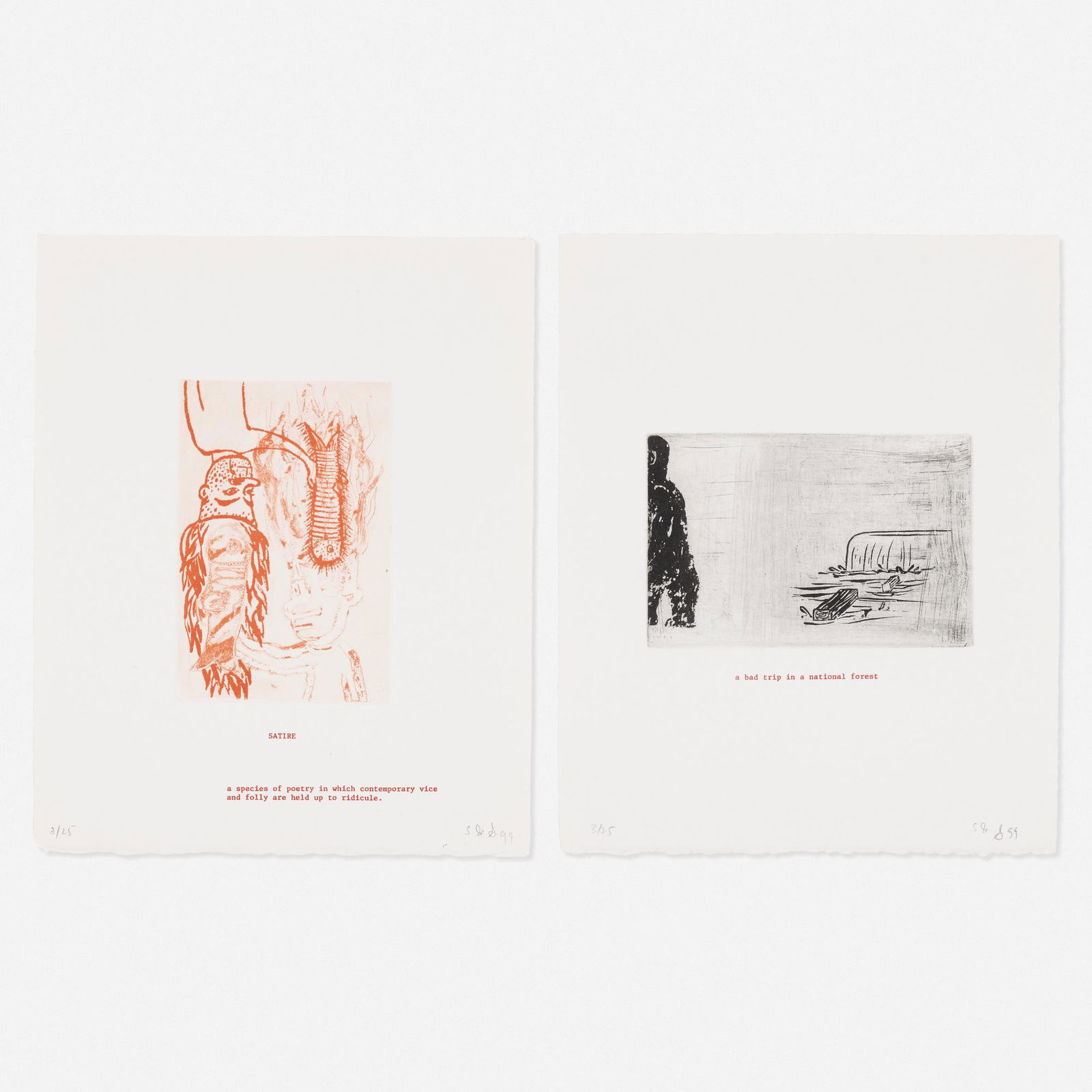 Amy Sillman and Jef Scharf, Satire; Two works: Amy Sillman and Jef Scharf Satire; a bad trip in a national forest (two works from Funny-Guy, Junior) 1999etching, aquatint and screenprint in colors11 h × 8? w in (28 × 23 cm) Plates