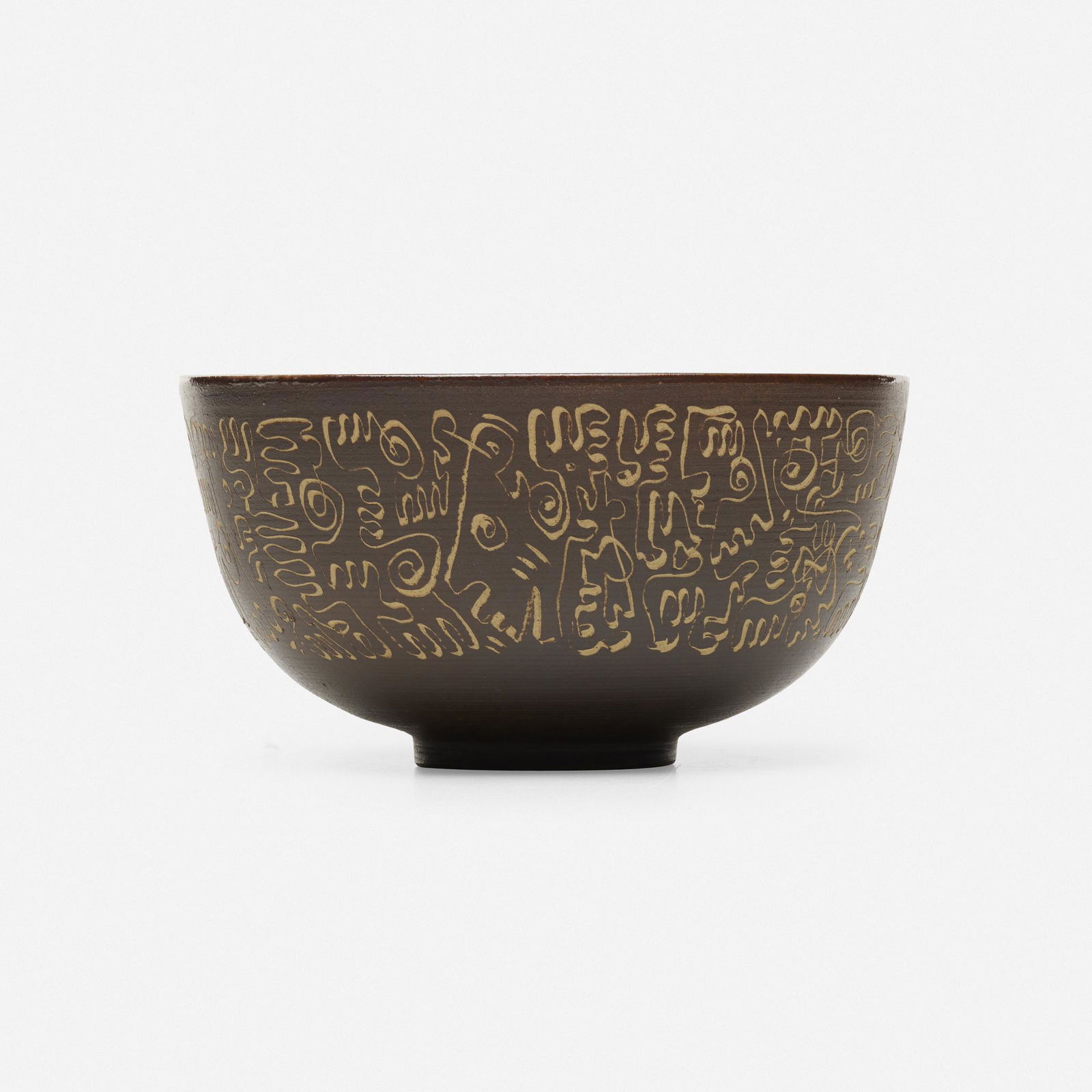 Edwin and Mary Scheier, Early bowl: Edwin and Mary Scheier Early bowl USA, c. 1955glazed stoneware with sgraffito decoration 4 h × 7.5 dia in (10 × 19 cm) Incised signature to underside 'Scheier'.