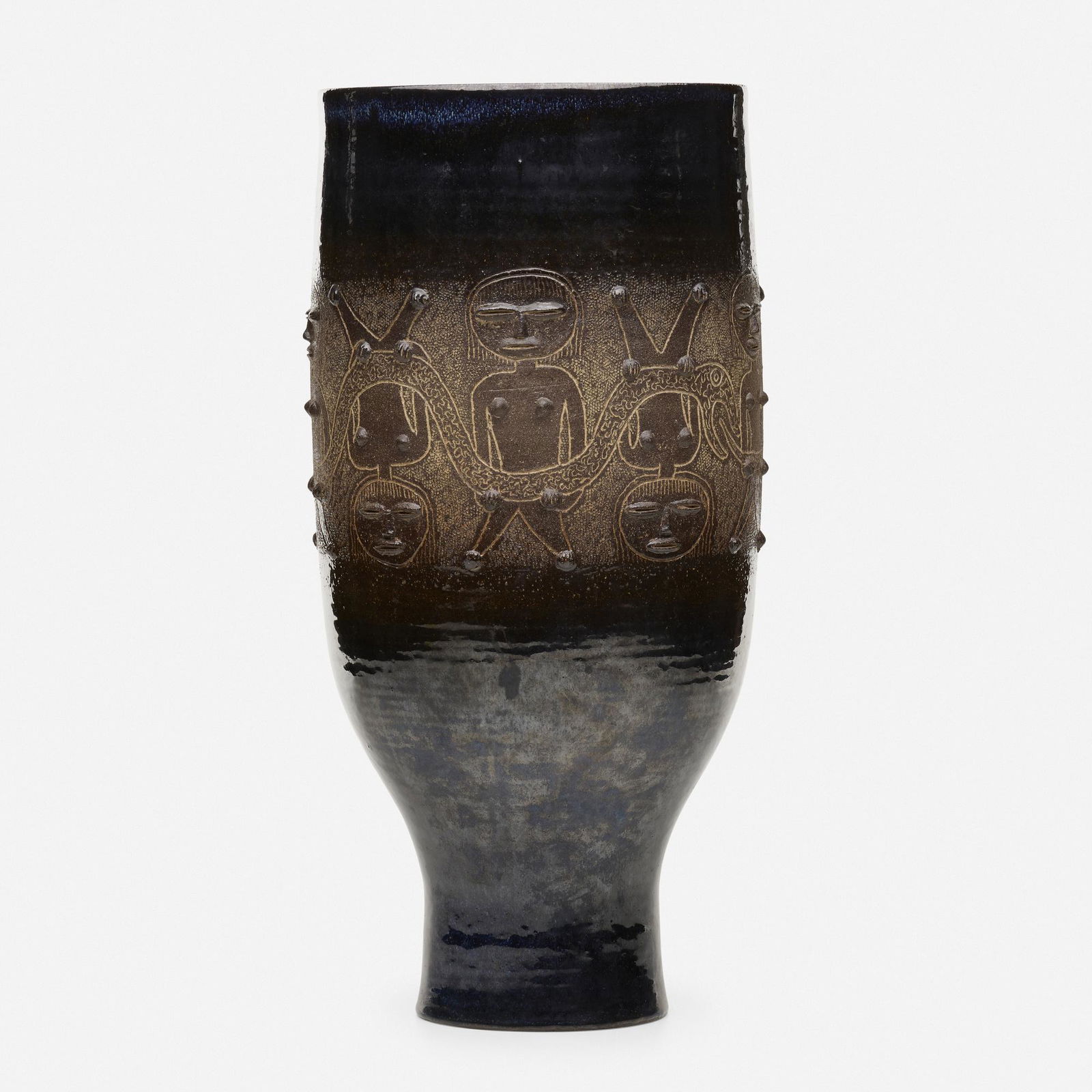 Edwin and Mary Scheier, Tall chalice form: Edwin and Mary Scheier Tall chalice form USA, 1962glazed stoneware with sgraffito decoration 18.25 h × 8.5 dia in (46 × 22 cm) Incised signature and date to underside 'Scheier 62'.