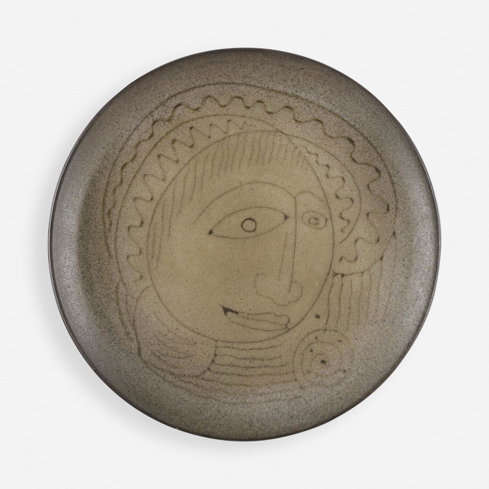Edwin and Mary Scheier, Early plate: Edwin and Mary Scheier Early plate USA, c. 1950glazed stoneware with sgraffito decoration 1 d × 11 dia in (3 × 28 cm) Incised signature to reverse 'Scheier'.