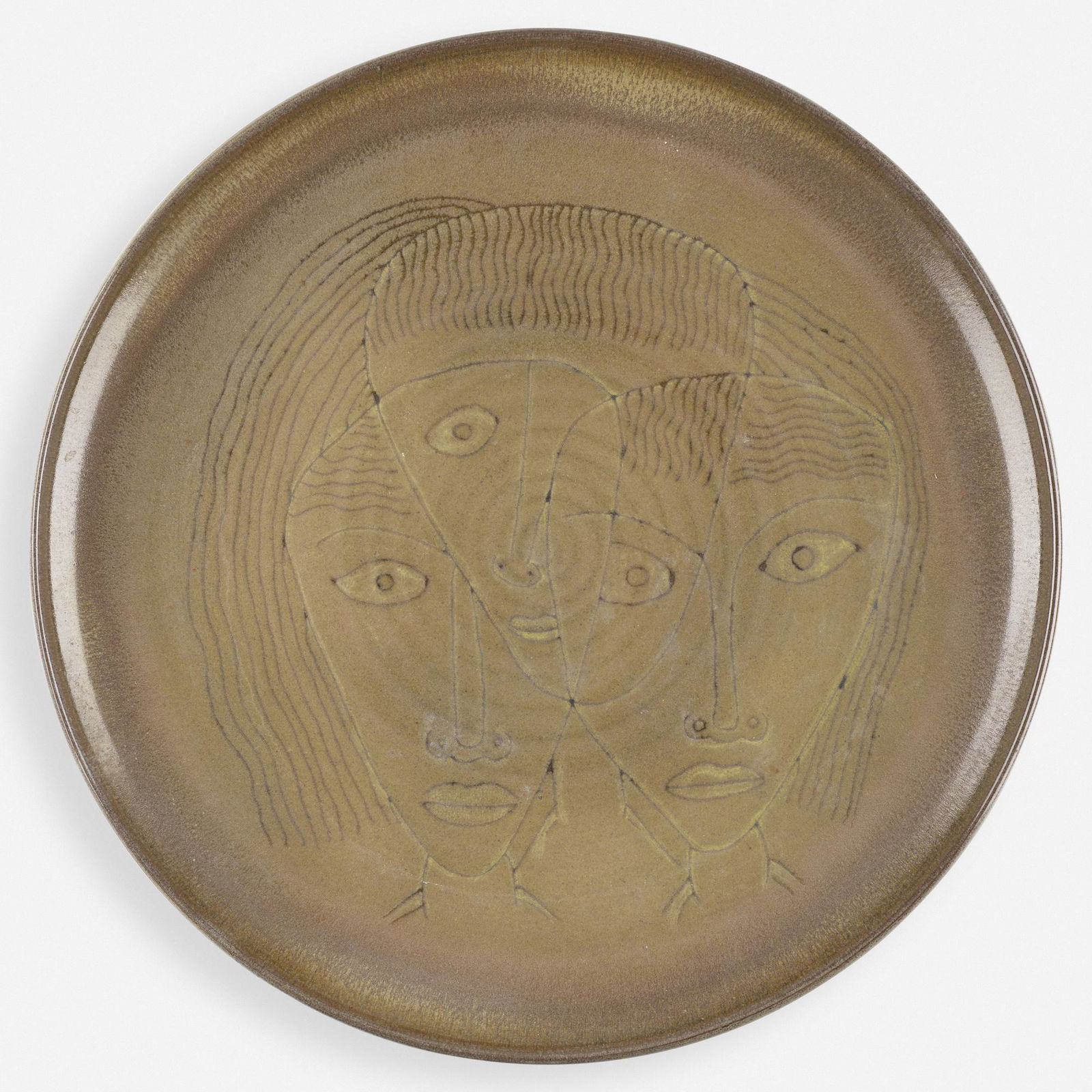 Edwin and Mary Scheier, Early and Large charger: Edwin and Mary Scheier Early and Large charger USA, c. 1955glazed stoneware with sgraffito decoration 1.5 d × 16 dia in (4 × 41 cm) Incised signature to underside 'Scheier'.