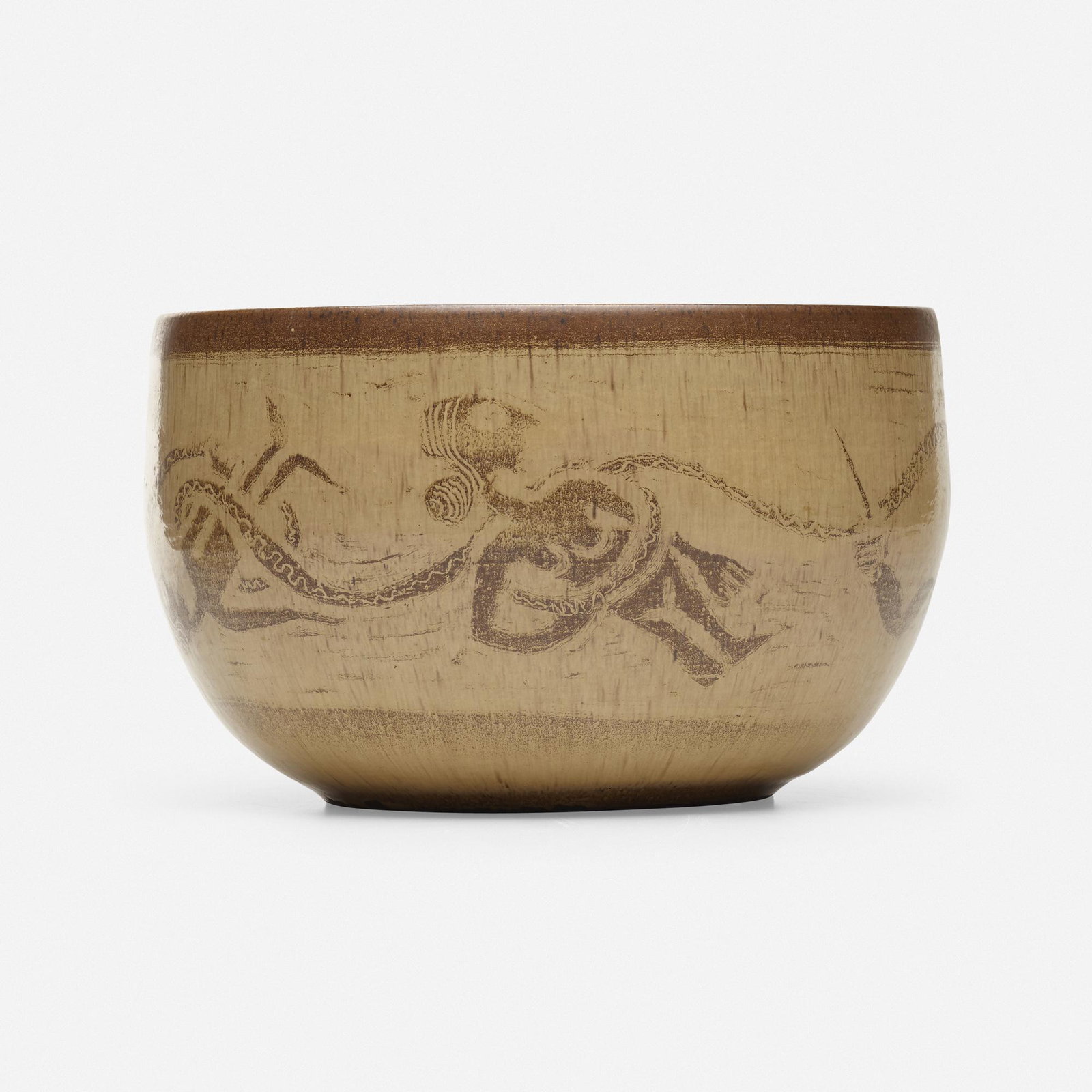Edwin and Mary Scheier, Rare and Early bowl: Edwin and Mary Scheier Rare and Early bowl USA, c. 1945glazed stoneware 6.75 h × 10.75 dia in (17 × 27 cm) Incised signature to underside 'Scheier'.