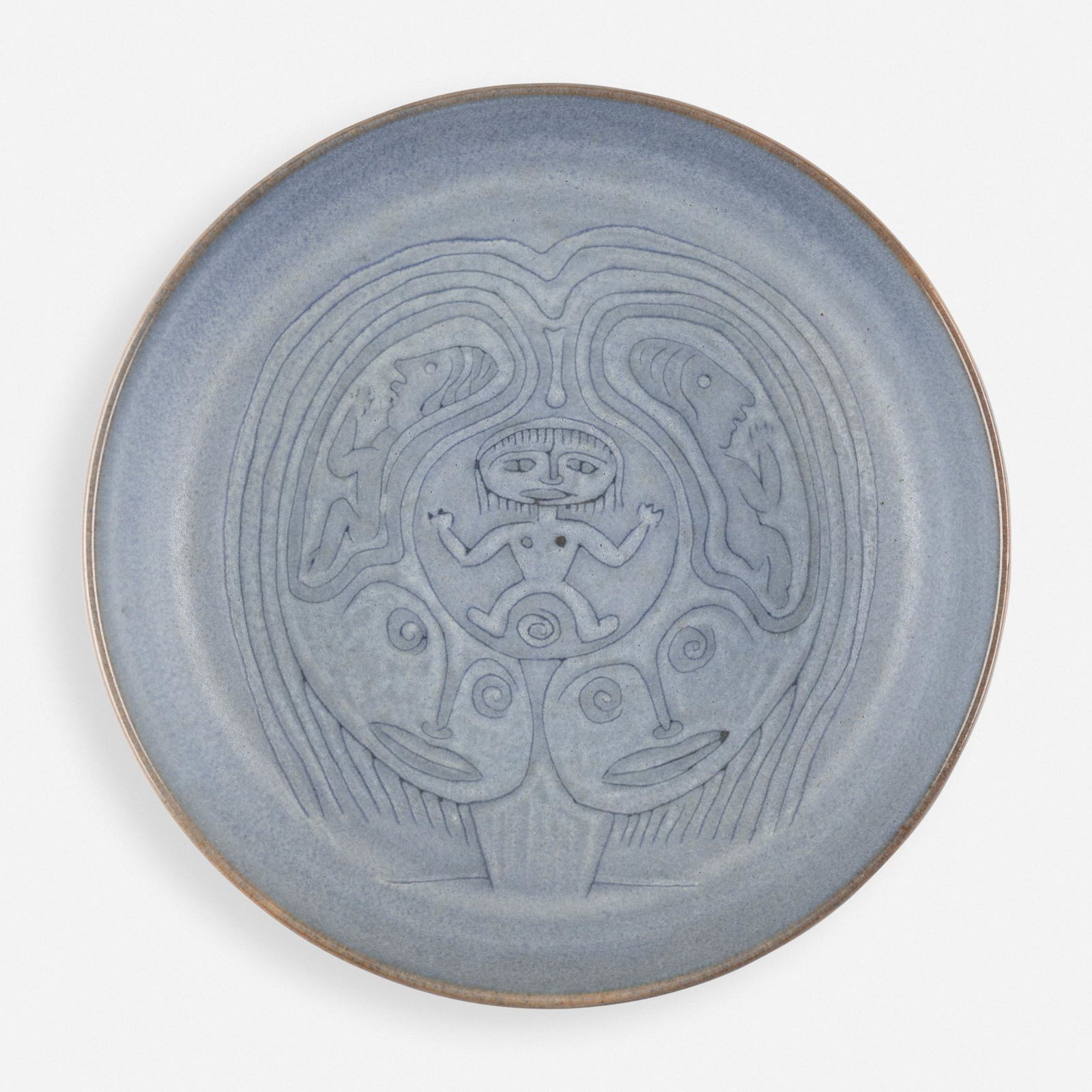 Edwin and Mary Scheier, Early low bowl: Edwin and Mary Scheier Early low bowl USA, c. 1960glazed stoneware with sgraffito decoration 1.75 d × 10.75 dia in (4 × 27 cm) Incised signature to underside 'Scheier'.