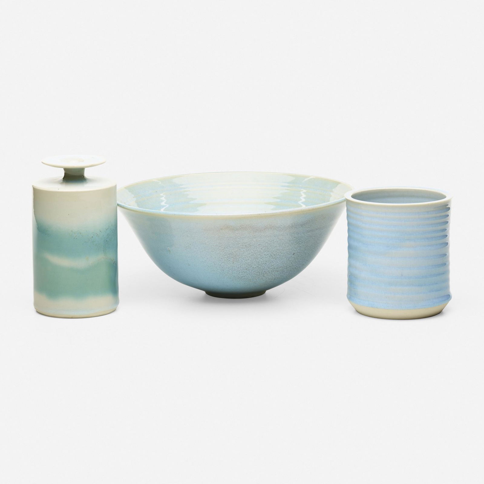 Brother Thomas Bezanson, Collection of three vessels: Brother Thomas Bezanson Collection of three vessels Canada/USA, c. 1970turquoise blue, copper, and celadon-glazed porcelain tallest: 6.5 h × 3 dia in (17 × 8 cm) bowl: 4.5 h × 10